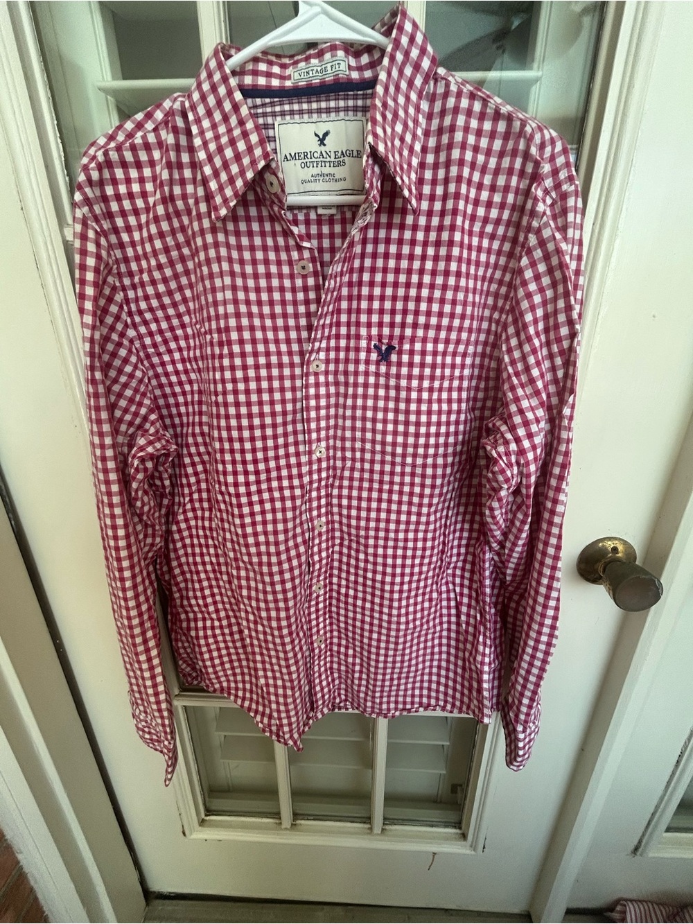 American Eagle Outfitters Red and White Gingham Button-Down Shirt